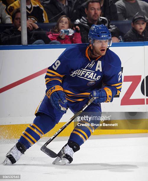 Jason Pominville of the Buffalo Sabres skates against the Boston Bruins at the HSBC Arena on November 3, 2010 in Buffalo, New York. The Bruins...