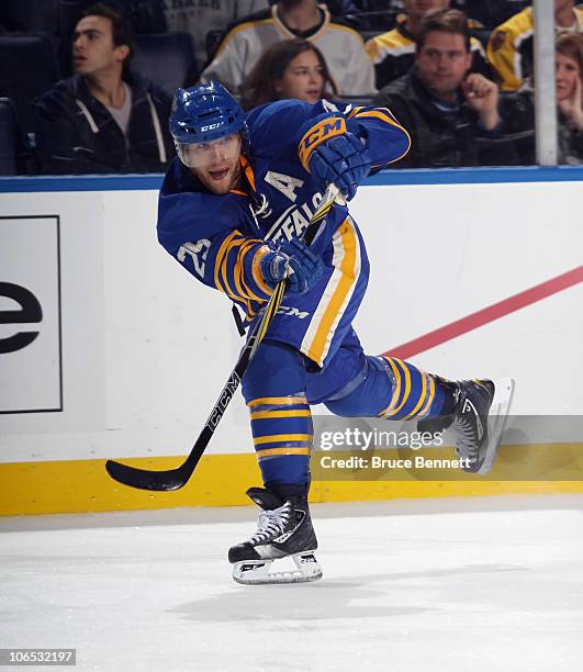 Jason Pominville of the Buffalo Sabres skates against the Boston Bruins at the HSBC Arena on November 3, 2010 in Buffalo, New York. The Bruins...