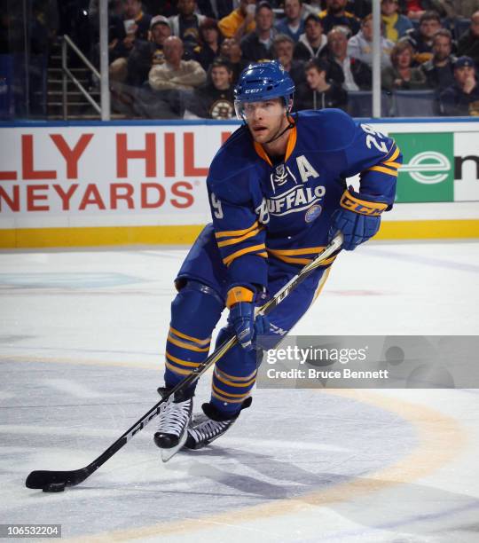 Jason Pominville of the Buffalo Sabres skates against the Boston Bruins at the HSBC Arena on November 3, 2010 in Buffalo, New York. The Bruins...