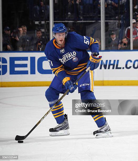 Tyler Myers of the Buffalo Sabres skates against the Boston Bruins at the HSBC Arena on November 3, 2010 in Buffalo, New York. The Bruins defeated...