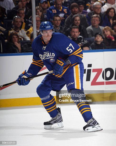 Tyler Myers of the Buffalo Sabres skates against the Boston Bruins at the HSBC Arena on November 3, 2010 in Buffalo, New York. The Bruins defeated...