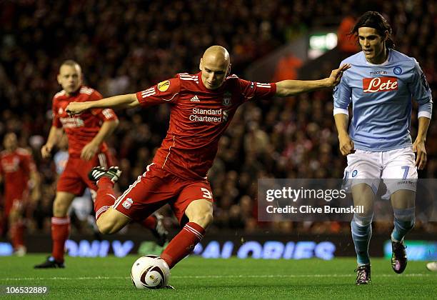 Jonjo Shelvey of Liverpool shoots at goal during the UEFA Europa League Group K match beteween Liverpool and SSC Napoli at Anfield on November 4,...