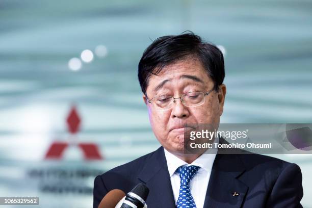 Mitsubishi Motors Corp. Chief Executive Officer Osamu Masuko pauses as he listens to a question from the media after a board meeting at the company's...