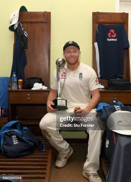 England man of the match Jonny Bairstow with the trophy in the dressing room after their 3-0 series victory after Day Four of the Third Test match...