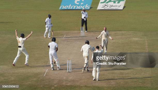 England bowler Jack Leach celebrates after taking the final wicket of Suranga Lakmal after review to give England the match and a 3-0 series victory...
