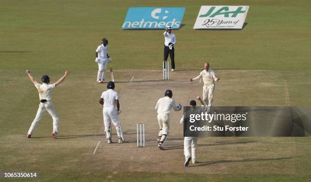 England bowler Jack Leach celebrates after taking the final wicket of Suranga Lakmal after review to give England the match and a 3-0 series victory...