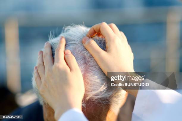 female dermatologist examining patient's scalp - hautarzt stock-fotos und bilder