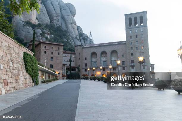 Spain, Montserrat Displaying the view from the street beside the abbey Montserrat, the probably neo-romanesque architecture in the front and parts of...