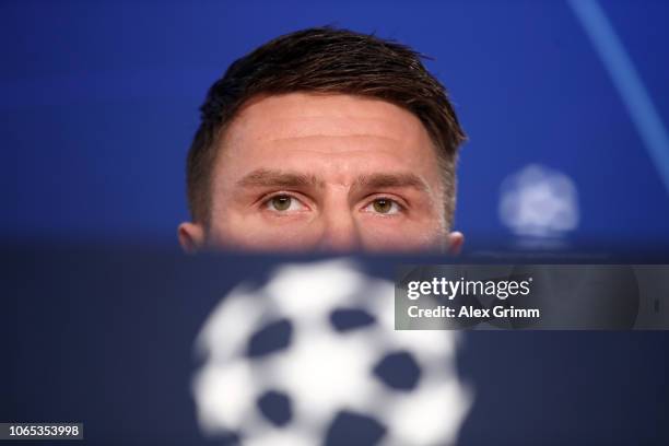 Ermin Bicakcic of 1899 Hoffenheim speaks to the media during a press conference during a TSG 1899 Hoffenheim Press Conference on November 26, 2018 in...
