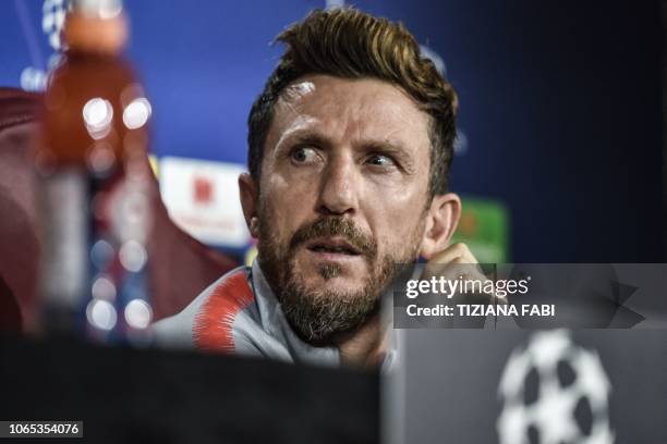 Roma Italian coach Eusebio Di Francesco looks on during a press conference on the eve of the UEFA Champions League group G football match AS Rome vs...