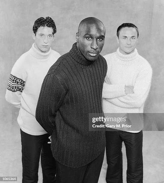 Robbie Fowler, Sol Campbell and Dennis Wise of England in the new Burton Menswear range during a studio shoot at Bisham Abbey. BURTON MENSWEAR's MOD...