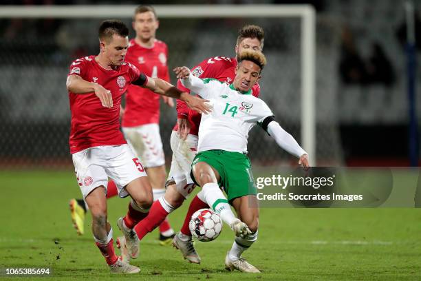 Jonas Knudsen of Denmark, Callum Robinson of Republic of Ireland, Lasse Schone of Denmark during the UEFA Nations league match between Denmark v...