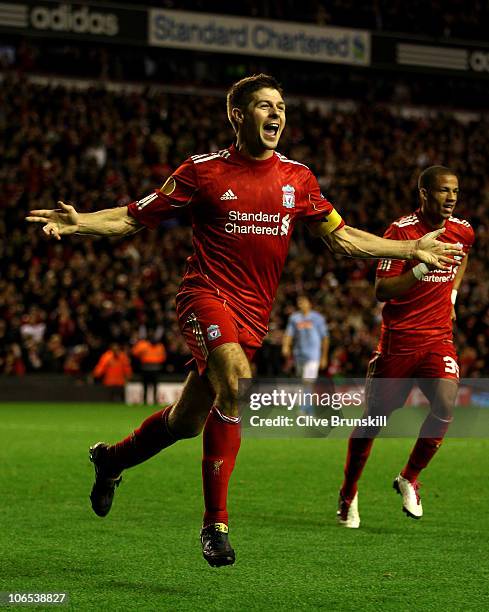 Steven Gerrard of Liverpool celebrates scoring his team's third goal and hs hat trick during the UEFA Europa League Group K match beteween Liverpool...