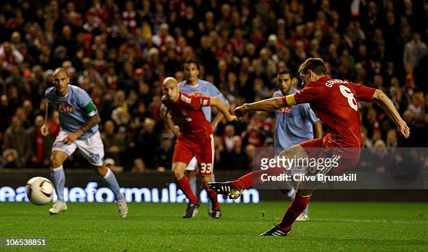 Steven Gerrard of Liverpool scores his team's second goal from the penalty spot during the UEFA Europa League Group K match beteween Liverpool and...
