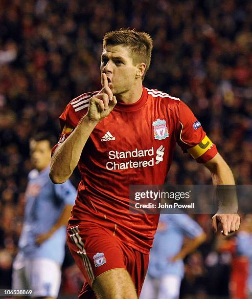 Steven Gerrard of Liverpool celebrates his goal making it 1-1 during the UEFA Europa League match between Liverpool and SSC Napoli at Anfield on...