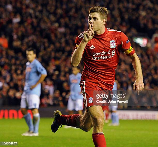 Steven Gerrard of Liverpool celebrates his goal making it 1-1 during the UEFA Europa League match between Liverpool and SSC Napoli at Anfield on...