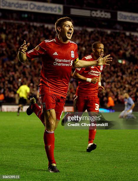 Steven Gerrard of Liverpool celebrates scoring his team's third goal and his hat trick during the UEFA Europa League Group K match beteween Liverpool...