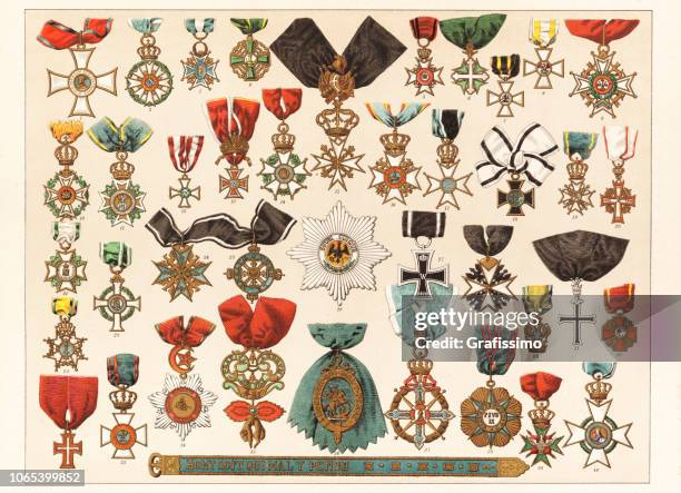 antique different military and religious order and award 1885 - military medal stock illustrations
