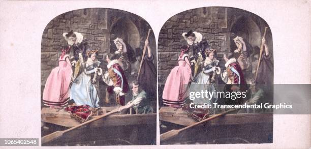 Hand-colored, stereoscopic view of Mary Queen of Scots as she escapes from Loch Leven Castle, where she had been imprisoned, Scotland, May 2, 1568.