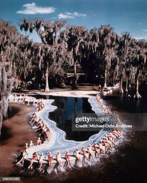 Group of southern belle models pose for a portrait by a pool shaped like the state of Florida at Cypress Gardens theme park in 1953 near Winterhaven,...