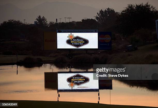 General view of a leader board is seen near the 18th hole of the TPC Summerlin golf course during the third round of the Justin Timberlake Shriners...