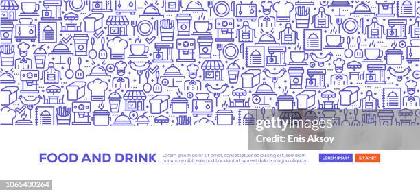 stockillustraties, clipart, cartoons en iconen met eten en drinken banner - cafeteria