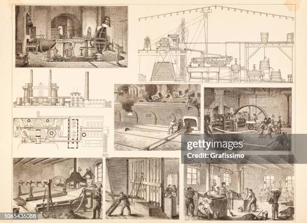 working process in metal industry manufacturing steel 1885 - sheffield steel stock illustrations