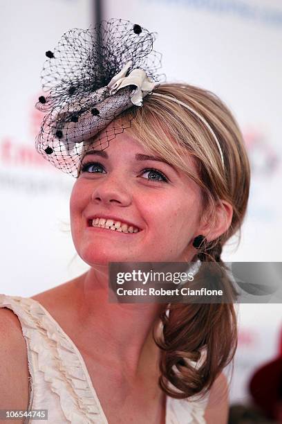 Emirates Stakes Day Fashions on the Field Ambassador, Jessica Watson talks to the media at a press conference, at Flemington Racecourse on November...