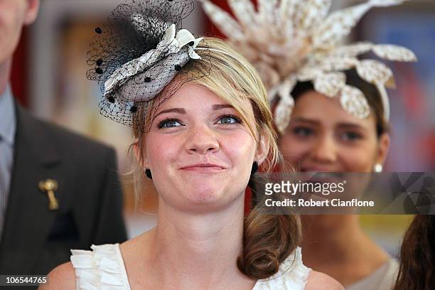 Emirates Stakes Day Fashions on the Field Ambassador, Jessica Watson poses for the media at a press conference, at Flemington Racecourse on November...