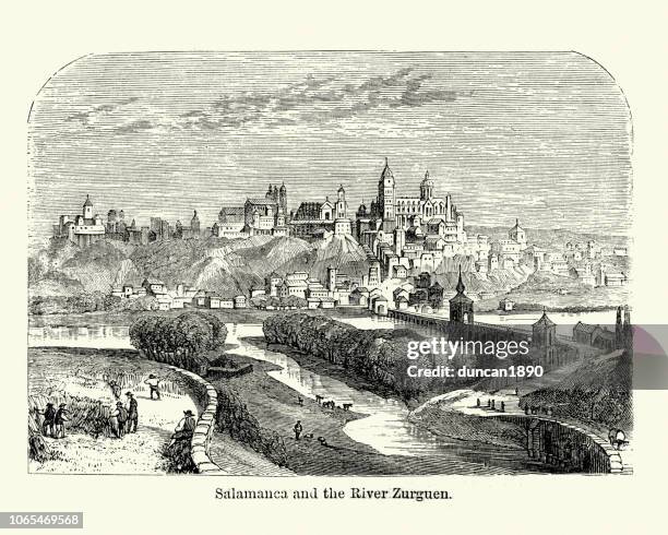 stockillustraties, clipart, cartoons en iconen met salamanca en de rivier zurguen, spanje, 19e eeuw - salamanca