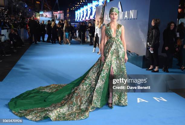 Amber Heard attends the World Premiere of "Aquaman" at Cineworld Leicester Square on November 26, 2018 in London, England.