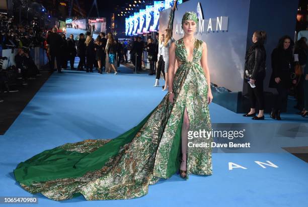 Amber Heard attends the World Premiere of "Aquaman" at Cineworld Leicester Square on November 26, 2018 in London, England.