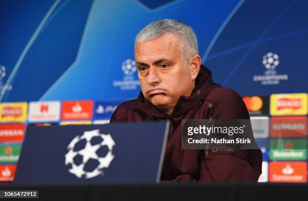 Jose Mourinho, manager of Manchester United talks during a press conference at Old Trafford on November 26, 2018 in Manchester, England.