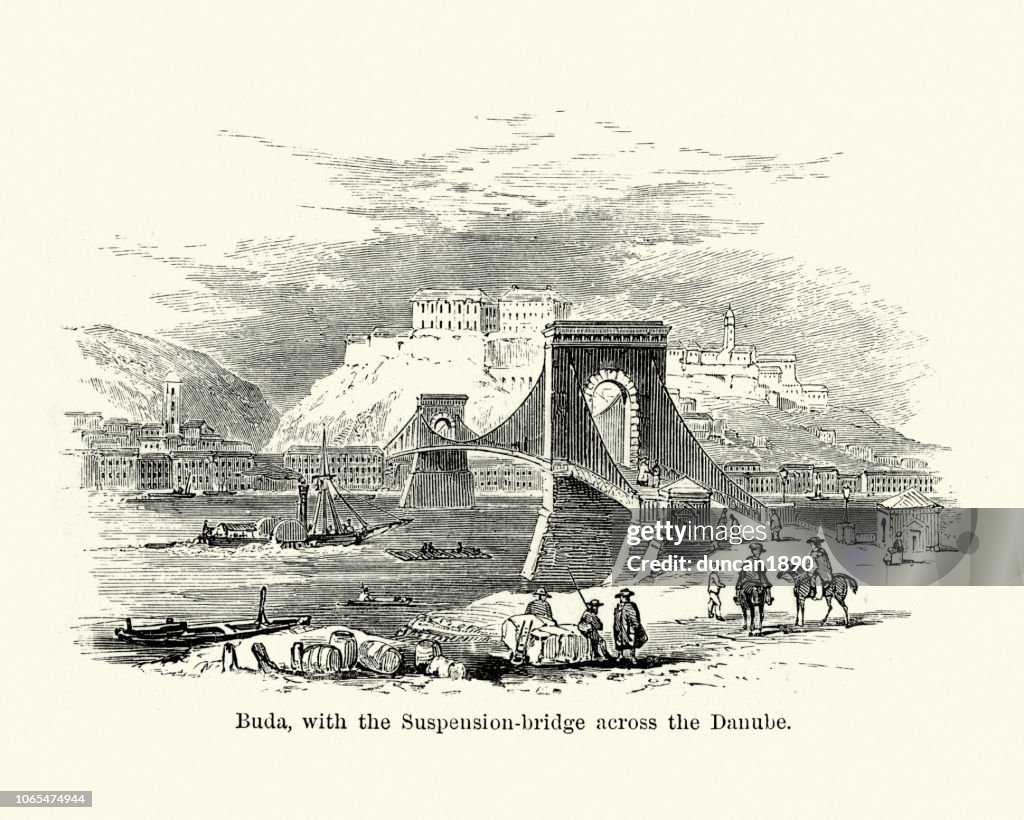Buda, with Suspension Bridge across the river Danube, 19th Century