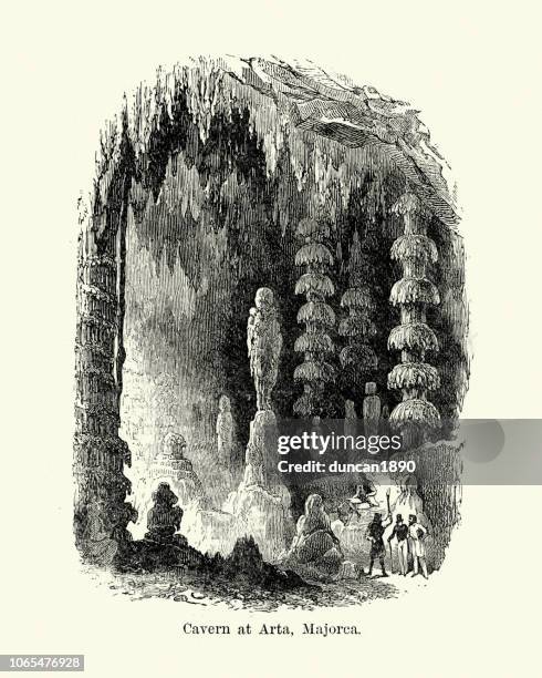 stalactite and stalagmite formations,cavern at arta, majorca, 19th century - cave stock illustrations