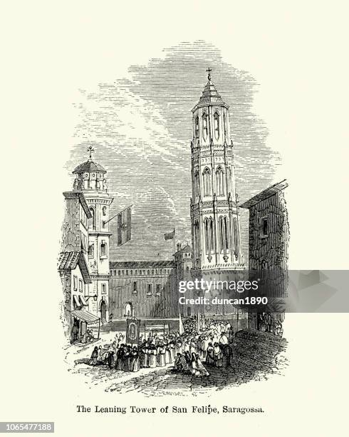 leaning tower of zaragoza, 19th century - leaning tower of zaragoza stock illustrations
