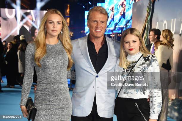 Ida Lundgren, Dolph Lundgren and Greta Lundgren attend the World Premiere of "Aquaman" at Cineworld Leicester Square on November 26, 2018 in London,...
