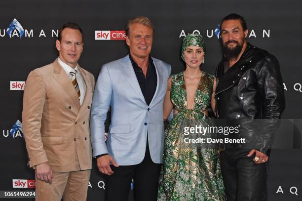 Patrick Wilson, Dolph Lundgren, Amber Heard and Jason Momoa attend the World Premiere of "Aquaman" at Cineworld Leicester Square on November 26, 2018...