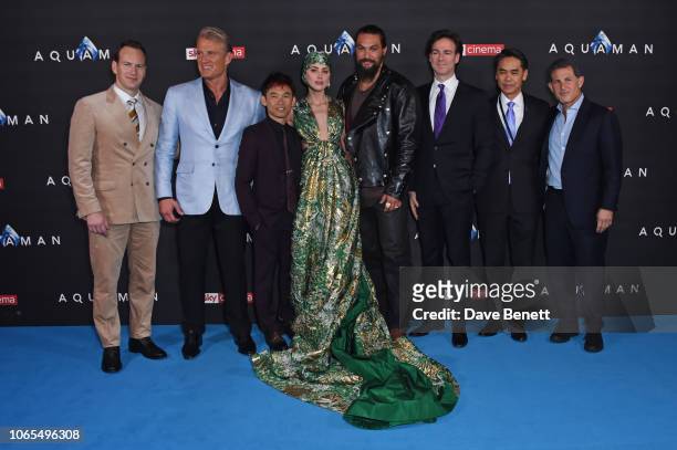 Patrick Wilson, Dolph Lundgren, James Wan, Amber Heard, Jason Momoa, Peter Safran, Guest and Josh Berger attend the World Premiere of "Aquaman" at...