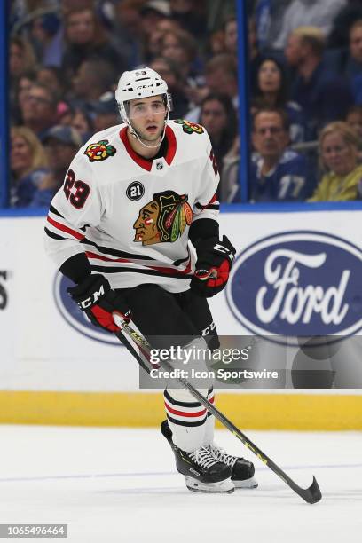 Chicago Blackhawks defenseman Brandon Manning skates in the first period of the regular season NHL game between the Chicago Blackhawks and Tampa Bay...
