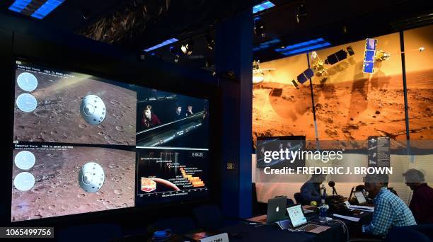 People watch the landing of NASA's InSight spacecraft on the planet Mars on television screens at NASA's Jet Propulsion Laboratory in Pasadena,...