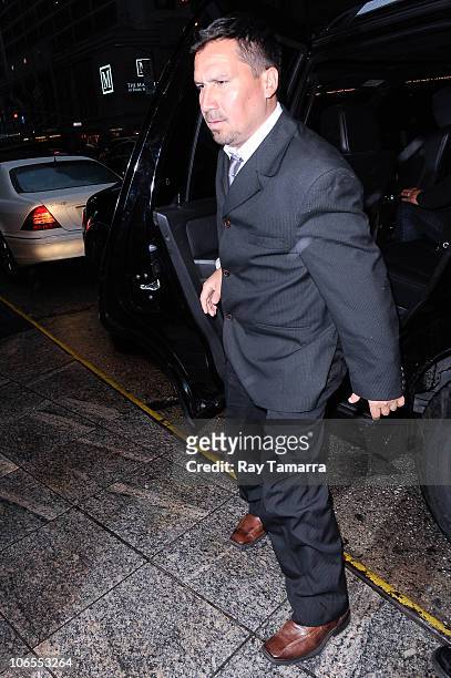 Chilean miner Edison Pena enters a Midtown Manhattan hotel on November 4, 2010 in New York City.