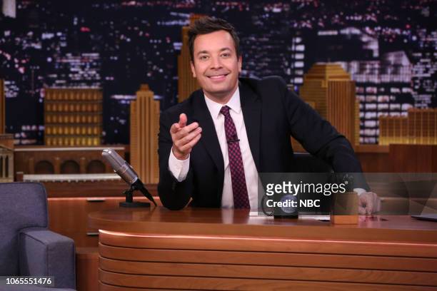 Episode 0963 -- Pictured: Host Jimmy Fallon arrives to his desk on November 16, 2018 --