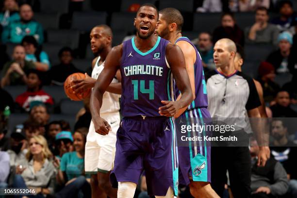 Michael Kidd-Gilchrist of the Charlotte Hornets reacts against the Milwaukee Bucks on November 26, 2018 at Spectrum Center in Charlotte, North...