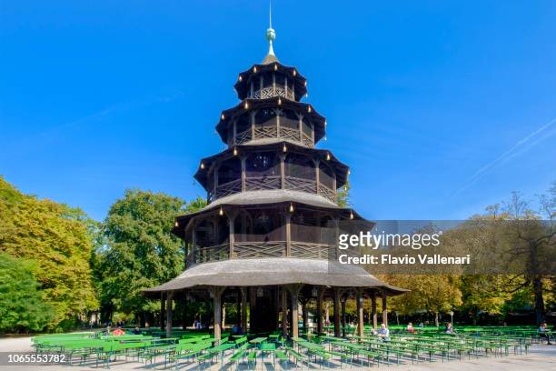 munich, chinese tower at the englischer garten (bavaria, germany) - biergarten münchen stock pictures, royalty-free photos & images