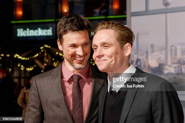 German actor Florian David Fitz and German actor, director and producer Matthias Schweighoefer attend the German premiere of the movie '100 Dinge' at...