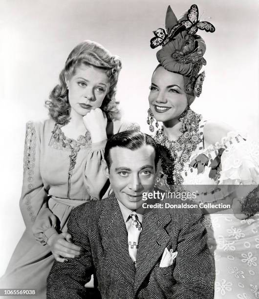 Actress Carmen Miranda, Alice Faye and Phil Baker in a scene from the movie "The Gang's All Here"