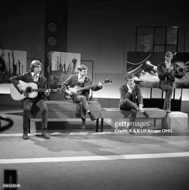 The Hootenanny Singers, featuring Bjorn Ulvaeus later of Abba playing guitar on left, perform on a TV show in 1966 in Hamburg, Germany.