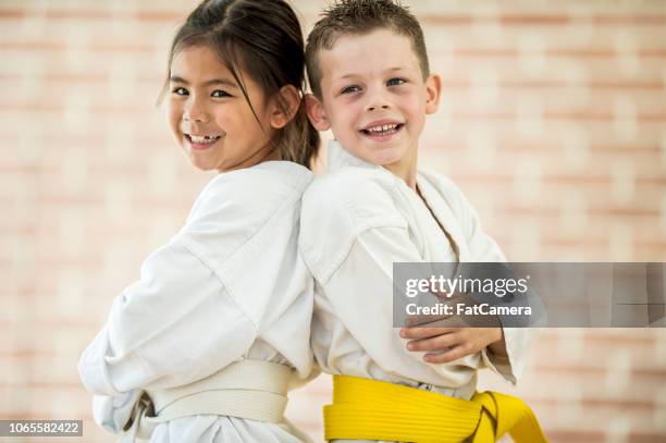 children pose during martial arts class - jiu-jitsu stock pictures, royalty-free photos & images