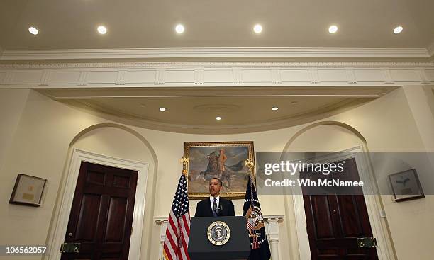 President Barack Obama makes a statement in the Roosevelt Room of the White House on monthly job numbers November 5, 2010 in Washington, DC. The U.S....